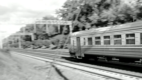 Electro Train At Sunny Day On The Turning View In Black White Stock Footage 84771644
