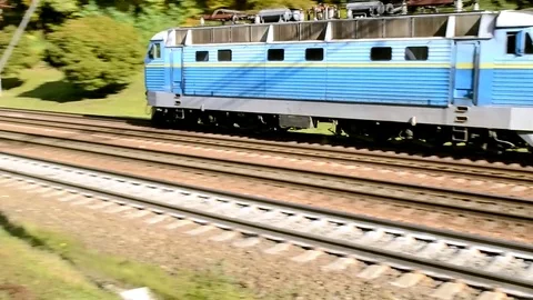 Electro Train At Sunny Day On The Turning View In Diagonal Move Stock Footage 84771646