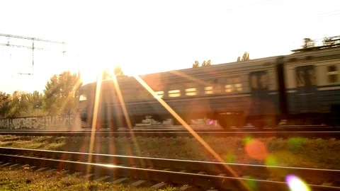 Electro Train With Sunny Shine On The Side View Stock Footage 84683437