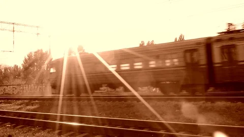 Electro Train With Sunny Shine On The Side View In Retro Stock Footage 84683444