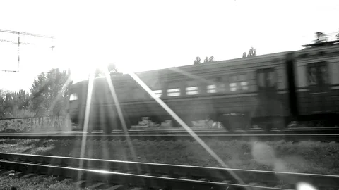 Electro Train With Sunny Shine On The Side View In Black White Stock Footage 84683448