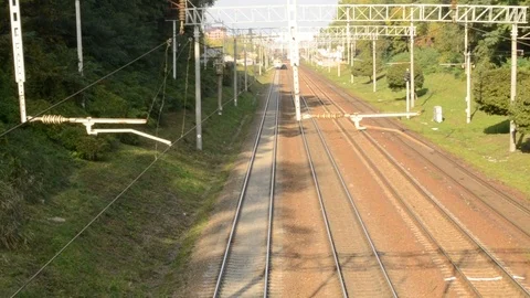 Electro Trains Meet Each Other In Move On The Top View Stock Footage 84683426