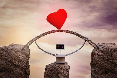 Electrocardiogram cables in a shape of bridge with a red heart Stock Illustration