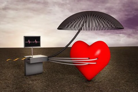 Electrocardiogram cables in a shape of umbrella with a red heart Stock Illustration