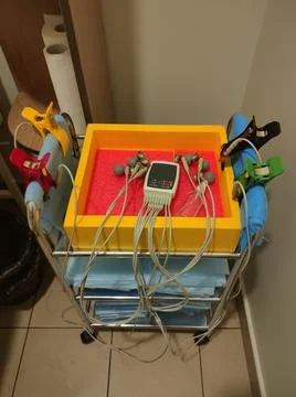 Electrocardiogram ECG machine with multiple electrodes and cables on a medica Stock Photos