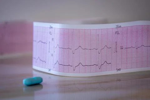 Electrocardiogram showing a right bundle branch block. Tracing with alteratio Stock Photos