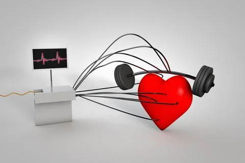Electrocardiogram test check a red heart at white grey background. Stock Illustration