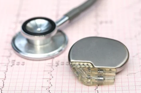 Electrocardiograph with stethoscope and pacemaker Stock Photos