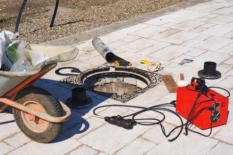 Electrofusion Welding Machine and Pipeline Equipment at Open Manhole Stock Photos