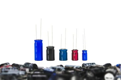 Electrolyte or electrolytic capacitors row Foto stock