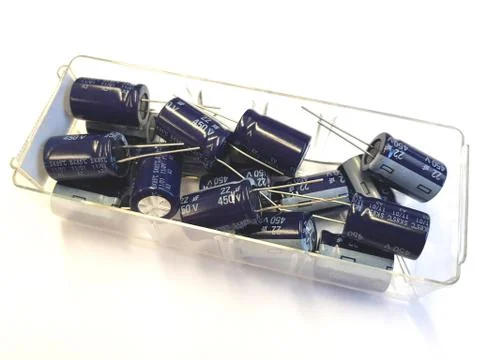 Electrolytic capacitors in a plastic box Foto stock