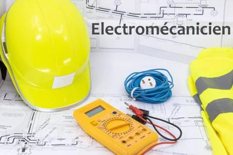 Electromechanic Graphic Resource with Home Plan and Electrical Equipment Foto stock
