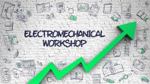 Electromechanical Workshop Drawn on Brick Wall Stock Illustration