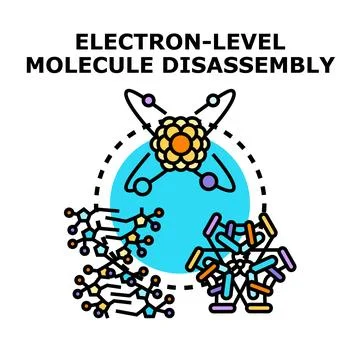 Electron level molecule disassembly process in scientific research Stock Illustration