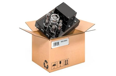 Electronic amplifier inside cardboard box, delivery concept. 3D rendering Stock Illustration