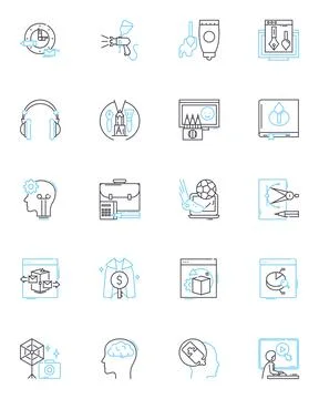 Electronic art linear icons set. Digital, Multimedia, Interactive, Code Stock Illustration