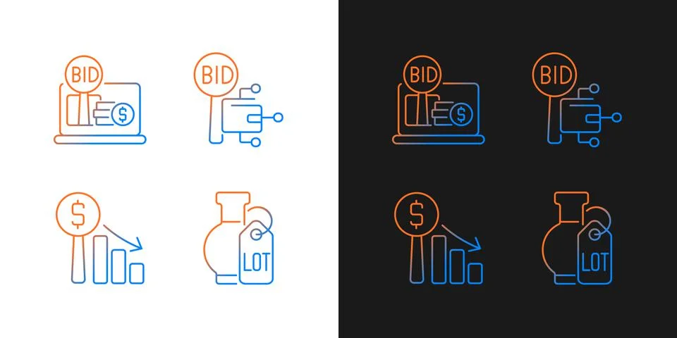 Electronic auctioning gradient icons set for dark and light mode Stock Illustration