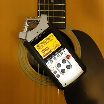 Electronic audio device - Top view Portable digital Recorder guitar backgroun Stock Photos