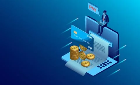 Electronic bill payment, paper receipt flat isometric vector. of computer pay Stock Illustration