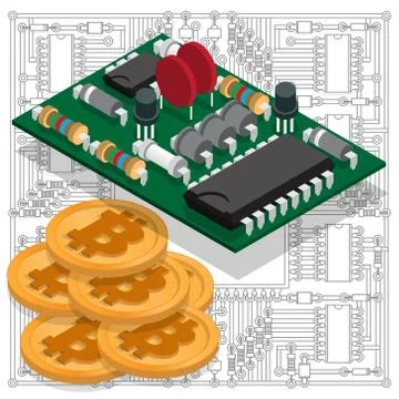 Electronic board with bitcoin. Stock Illustration