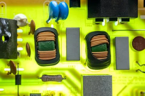 Electronic board close-up. PCB power supply board with many electronic compon Stock Photos