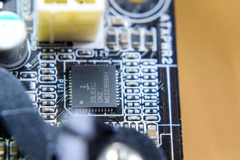 Electronic board with electrical components. Electronics of computer equipment Foto stock