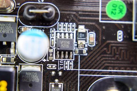 Electronic board with electrical components. Electronics of computer equipment Foto stock