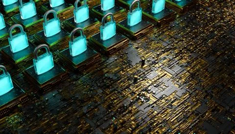 Electronic board with microchips and luminous padlocks on top. blockchain c.. Illustrazione stock