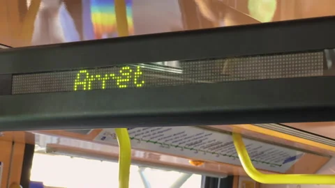 Electronic board with the name of the next station in the Paris Metro Stock Footage 219237515
