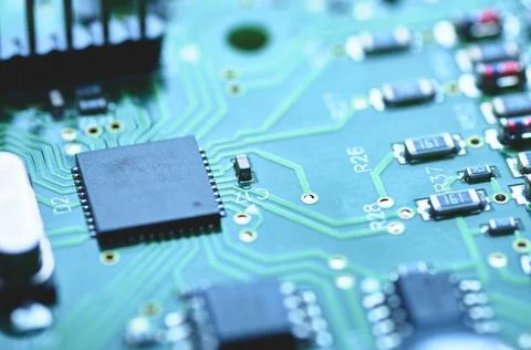 Electronic board with processors and microchips close-up Stock Photos