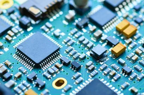 Electronic board with processors and microchips close-up Stock Photos