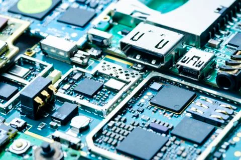 Electronic boards close-up with chips and electronic components Stock Photos