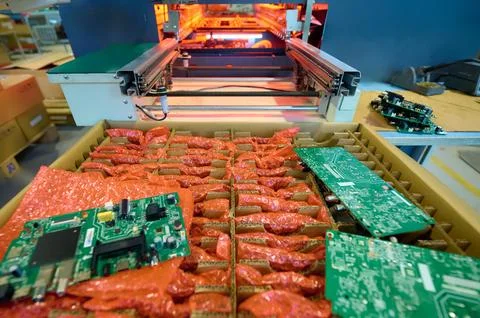 Electronic boards in protective packaging ready for assembly in a manufacturing Stock Photos