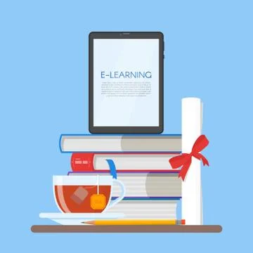 Electronic book concept vector illustration in flat style. Stack of books and Stock Illustration