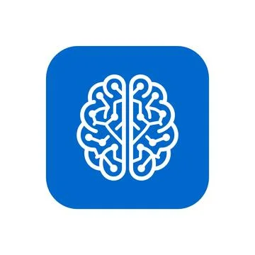 Electronic brain icon: white digital neural network symbol on blue square f.. Ilustração Stock