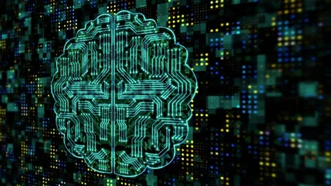 Electronic brain with moving circuit lines and bright circle background Stock Footage 253555061