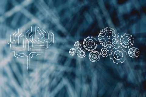 Electronic brain next to complex gearwheel mechanism Stock Illustration