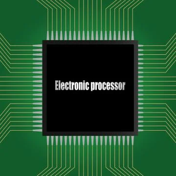The electronic chip of the processor on the green printed circuit board. 스톡 일러스트