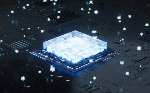 Electronic chips and circuit boards, Science and technology materials, 3d r.. Stock Illustration