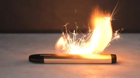 In an electronic cigarette, the battery has ignited, fire, flame and sparks are  Stock Footage 232330306