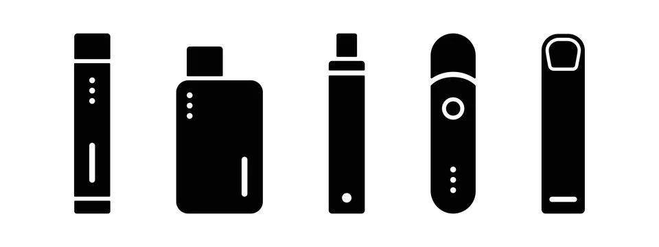 Electronic cigarette icon set in black glyph style. Vape device collection .. Stock Illustration