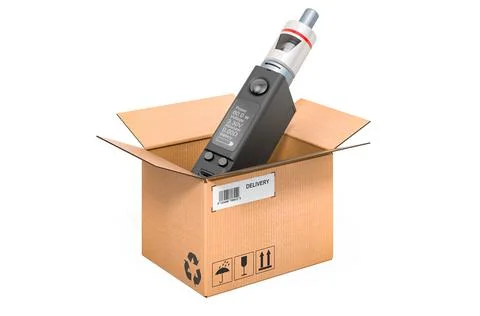 Electronic cigarette inside cardboard box, delivery concept. 3D rendering Illustration