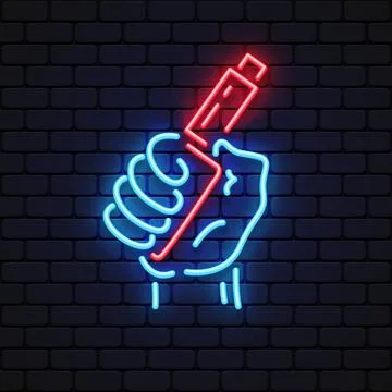 Electronic cigarette neon sign. Hand holding vape device. Vector illustration Stock Illustration