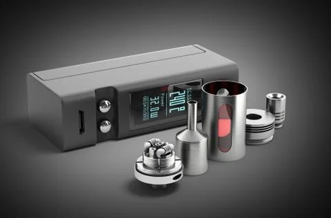 Electronic cigaretts Device box mod to smokeless smoking 3d render on black g Stock Illustration