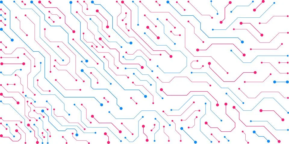 Electronic circuit board with blue and pink color on white background Illustrazione stock