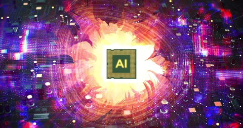 Electronic circuit board with central AI GPU and flames. Stockbeeldmateriaal 337191794