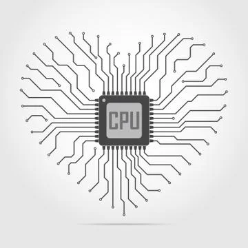 Electronic circuit board with chip in shape of heart. Vector illustration. Illustrazione stock
