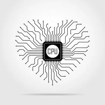 Electronic circuit board with chip in shape of heart. Vector illustration. Stock Illustration