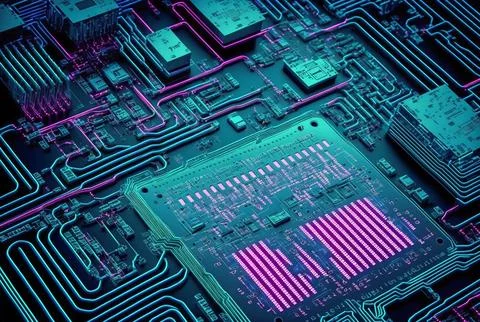 Electronic circuit board with chips, close-up, abstract illustration Stock Illustration