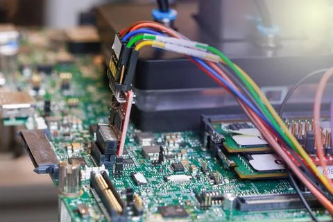 Electronic circuit board chips processor. Green PCB Component. Stock Photos